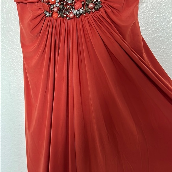 Mignon Red Prom Dress Orange color size 2 with stones and a scarf cape - Picture 5 of 15